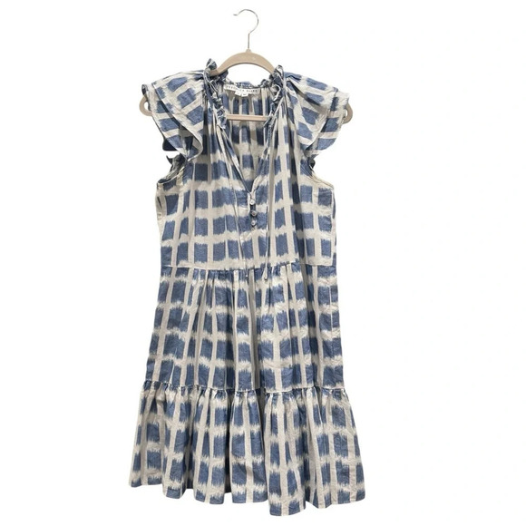 Veronica Beard Zee Ikat Ruffle Tiered Cotton Mini Dress Boho White Blue Sz 4 - Picture 7 of 15